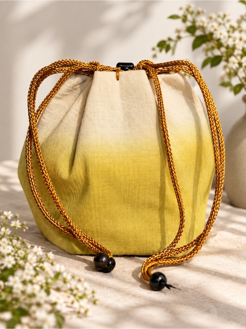 Vintage Japanese Kinchaku Bag Yellow Ombré Drawstring Kimono Purse Made in Japan